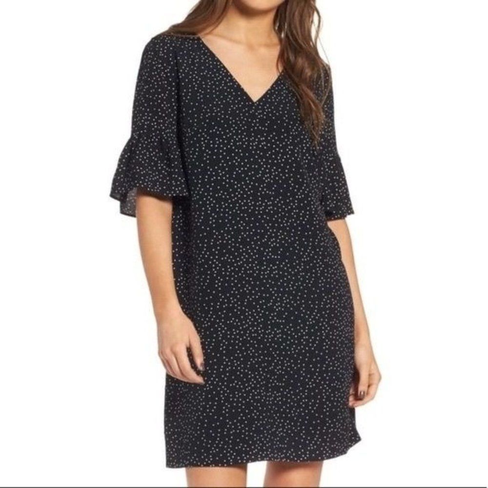 Madewell Size 6 Black Printed Flutter Sleeve Dress Polka Dots Mini Short Sleeve